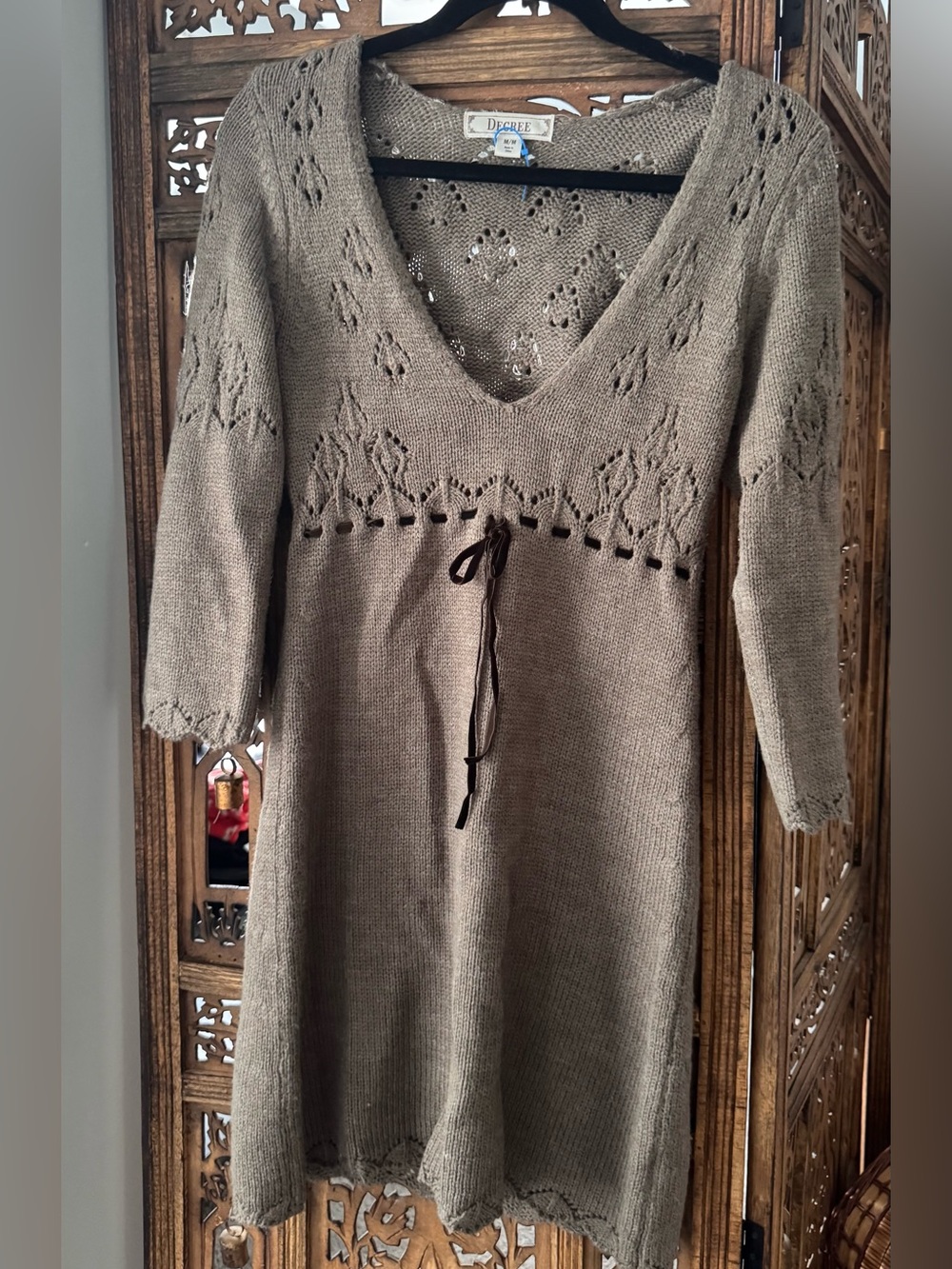 Decree Brown Knit V-Neck Sweater Dress with Eyelet Detail